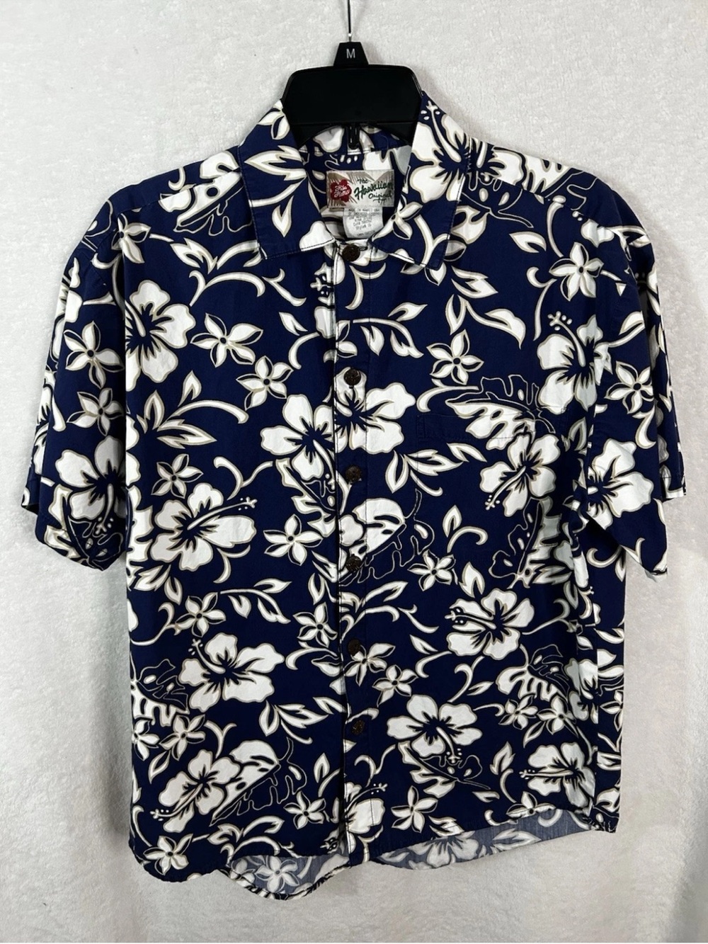 VTG Hilo Hattie Blue White Hibiscus Floral Button Down Hawaiian Shirt Sz Medium